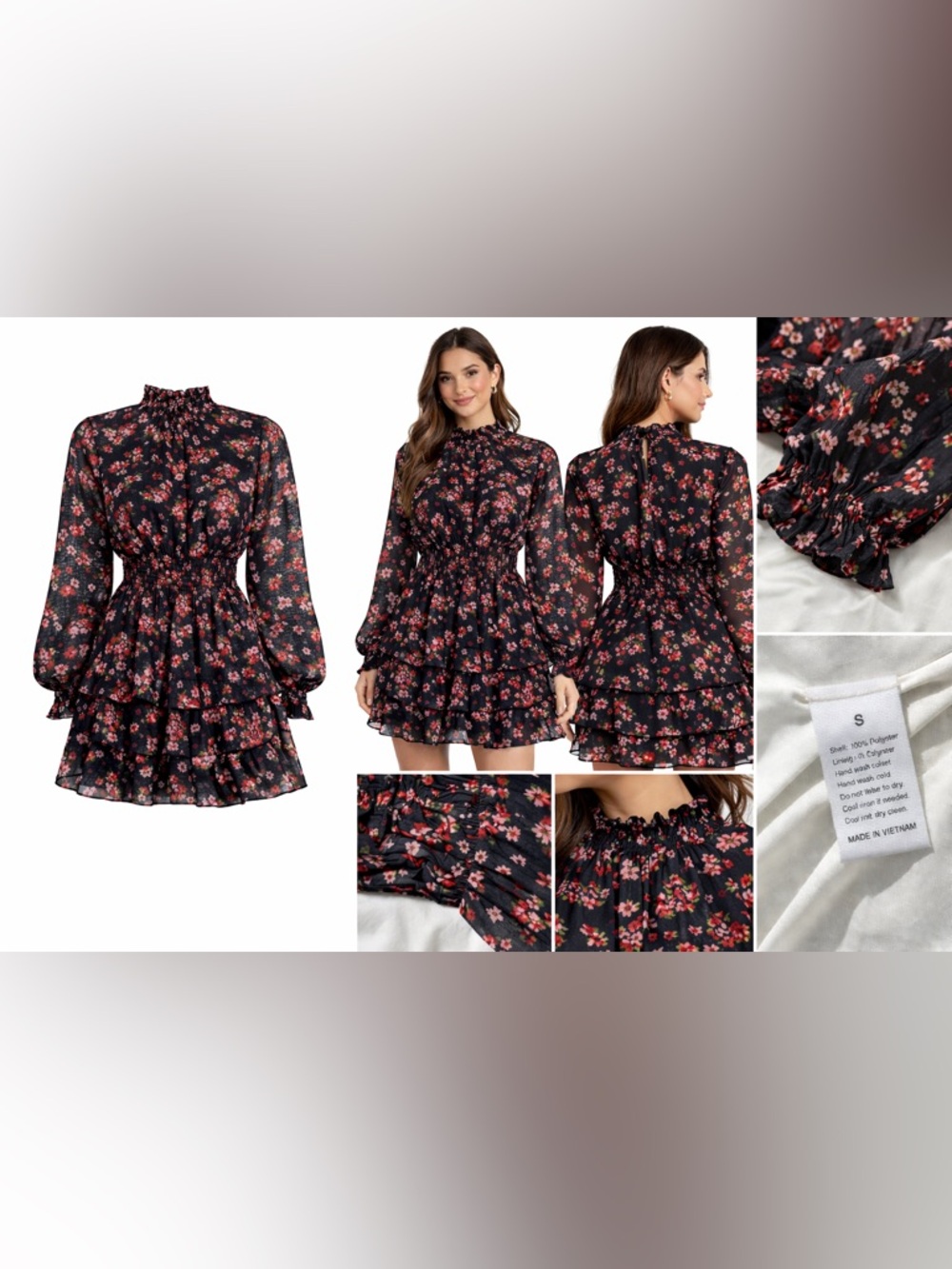 Floral Ruffle Tiered Mini Dress - Black with Pink Floral - Picture 9 of 11